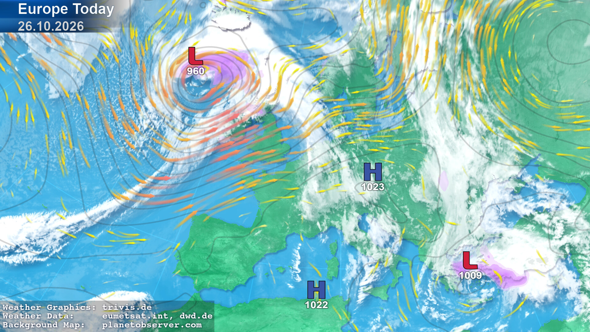 Weather map Europe Today with pressure systems, clouds and wind, produced by askMeteo